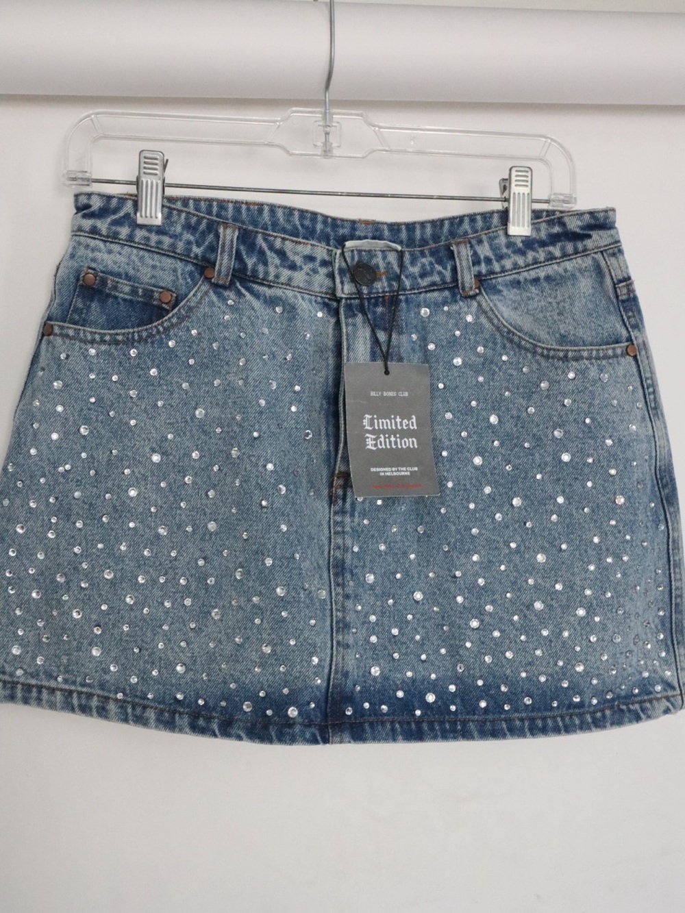 NWT Billy Bones Club Bedazzled Denim Mini Skirt - Picture 3 of 4